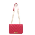 Pink quilted shoulder bag with V-pattern stitching and gold chain strap on white background - Pink