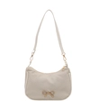 Beige woven baguette bag with gold bow pendant and slim leather shoulder strap - White