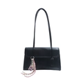 Minimalist large capacity black leather shoulder bag with decorative cartoon girl pendant - With Pendant / Black
