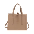 Minimalist beige square handbag with dual handles and crossbody strap on white background - Khaki