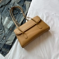 Fashionable tan PU leather underarm bag with double straps and flap closure design - Khaki (No Charm)