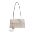 Cream white large capacity shoulder bag in smooth PU leather with decorative pendant - With Pendant / White