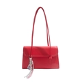 Red leather tote shoulder bag with minimalist flap design and cartoon charm accessory - Red (With Charm)