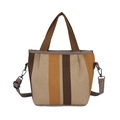 Large striped canvas tote bag in brown and beige tones with detachable shoulder strap - Brown Yellow Cream Color Block Stripes (Style 2)