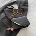 Elegant black crocodile texture small square bag with gold chain and metal bar detail - Black