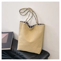 Detailansicht der Canvas-Tasche mit bunten Flechtgriffen und kariertem Innenfutter - Gelbe Seite B (Beige Einfache Seite)