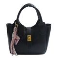 Elegant black litchi pattern leather bucket bag with gold twist lock for women - Black with Pendant