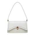 White and silver glitter shoulder bag with V-stitch flap and gold buckle on white background - White