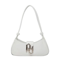 Minimalist white leather hobo underarm bag with silver geometric magnetic buckle - White