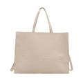 Grand cabas minimaliste en cuir beige crème avec logo embossé et doubles poignées - TOTE BAG Style Relief / Blanc