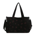 Borsa tote alla moda in velluto a coste nero con ricamo a ciliegia e tracolla - Nero