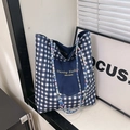 Blue and white plaid canvas tote bag with denim pocket and woven rope shoulder straps - Blue