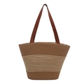 Schicke gewebte Stroh-Beuteltasche mit braunen Griffen und gestreiftem Sommer-Stil - Khaki