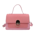 Pink PU leather crossbody bag with fabric flap and silver round metal clasp lock - Pink
