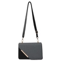 Gray fabric and black leather crossbody bag with stylish gold diagonal metal trim - Black