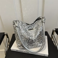 Bolso de hombro con lentejuelas plateadas, correas con nudos y logo FASHION - Plateado