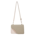 Modern white leather and woven fabric crossbody bag with diagonal gold metal trim detail - White