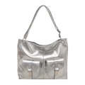 Borsa tote in pelle cerata argento con tasche funzionali e tracolla regolabile in metallo - Argento