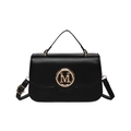 Black vegan leather crossbody bag with golden M logo and top handle for women - Black