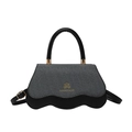 Gray fabric and black leather crossbody bag with wave flap and gold metal hardware - Black