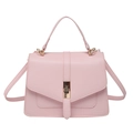 Pink PU leather crossbody bag with top handle and golden twist lock on white background - Pink