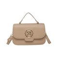 Beige faux leather handbag with golden M-letter buckle and adjustable shoulder strap - Khaki