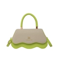 Green and beige woven leather handbag with wavy bottom and adjustable shoulder strap - Green