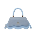 Chic light blue crossbody handbag with wavy base and golden logo on fabric flap - Blue