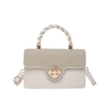 Bolso bandolera beige con solapa tejida y cierre de flor dorada elegante - Blanco Roto
