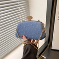 Blue denim crossbody evening bag with gold chain strap and crystal-studded oval clasp closure - Blue