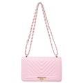 Pink quilted leather crossbody bag with V-shaped chevron stitching and gold chain strap - Pink