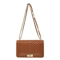 Brown quilted leather shoulder bag with gold metal lock and chain strap for women - Brown