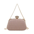 Pink embroidered clutch bag with floral texture, gold metal trim, and rhinestone clasp - Pink