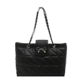 Quilted black tote bag with silver bow accent and metal chain straps for women - Black