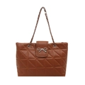 Deep brown quilted tote bag with silver metal bow and chain shoulder strap - Brown