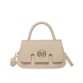 Borsa a mano beige con patta intrecciata e fibbia dorata con logo M alla moda - Cachi