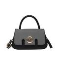 Borsa a tracolla chic in pelle nera e tessuto grigio con chiusura a M in metallo oro - Nero