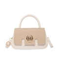 Borsa a tracolla beige con patchwork in paglia e fibbia dorata M in stile minimalista - Bianco Sporco