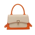 Small orange crossbody bag with beige woven flap and gold U-shaped metal buckle lock - Orange