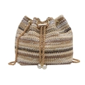 Sommer-Bucket-Bag aus Webmaterial mit beige-braunen Streifen und Perlen-Kordelzug - Mehrfarbig Khaki