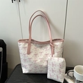Ensemble sac cabas rose et blanc avec motif nœud doux et pochette zippée assortie - Blanc