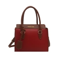 Red and brown two-tone top handle bag with adjustable strap and golden lettering - Red