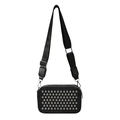 Fashionable black square crossbody bag with silver studs and an adjustable wide fabric strap - Black