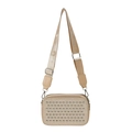 Beige crossbody camera bag with silver metallic studs and wide nylon shoulder strap - Gold