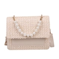 Sac bandoulière en paille tissée beige avec anse en perles et finitions métalliques - Blanc