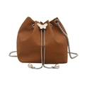 Brown crocodile pattern bucket bag featuring a butterfly metal clasp and pearl chain strap - Brown