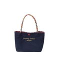 Borsa tote blu navy minimalista con scritte dorate e manici in corda intrecciata - Blu