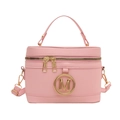 Rosafarbene Eimertasche aus Kunstleder mit goldenem M-Logo und abnehmbarem Gurt - Rosa