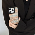 Detail of luxury rainbow tweed woven phone case for iPhone with protective metal camera ring - iPhone 13 Pro / Colorful Brown