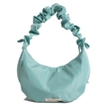 Mint green nylon crescent bag with ruffled strap and large capacity fashion bag design - Blue